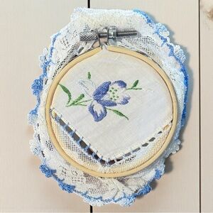 Vintage Hand-Embroidered Blue Flower Hoop Art from Hankie 4” Wall Decor